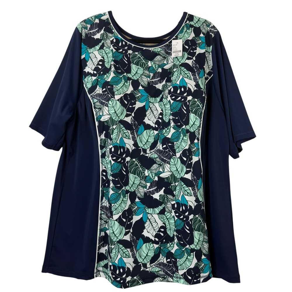 Catherines Swim Top 30W Blue Tropical Leaf Print Rash Guard Built-in Bra